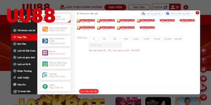 Nạp tiền sau khi đăng ký UU88 để trải nghiệm dịch vụ